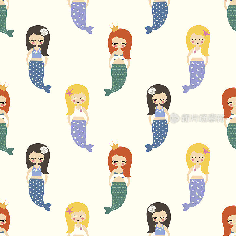 Cute mermaids girls seamless pattern on white background.